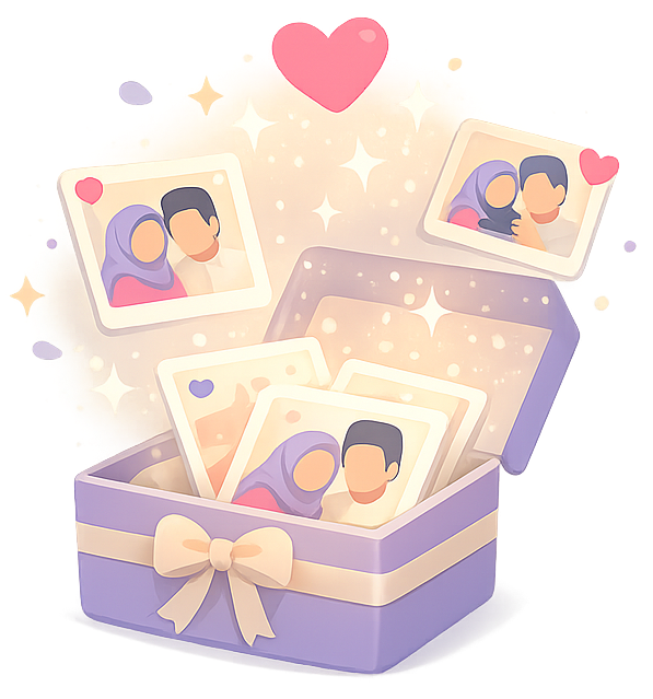 Illustration of a keepsake box releasing glowing photos and hearts